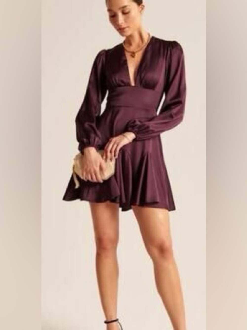 Abercrombie & Fitch Plum Satin V-Neck Mini Dress, Small Petite